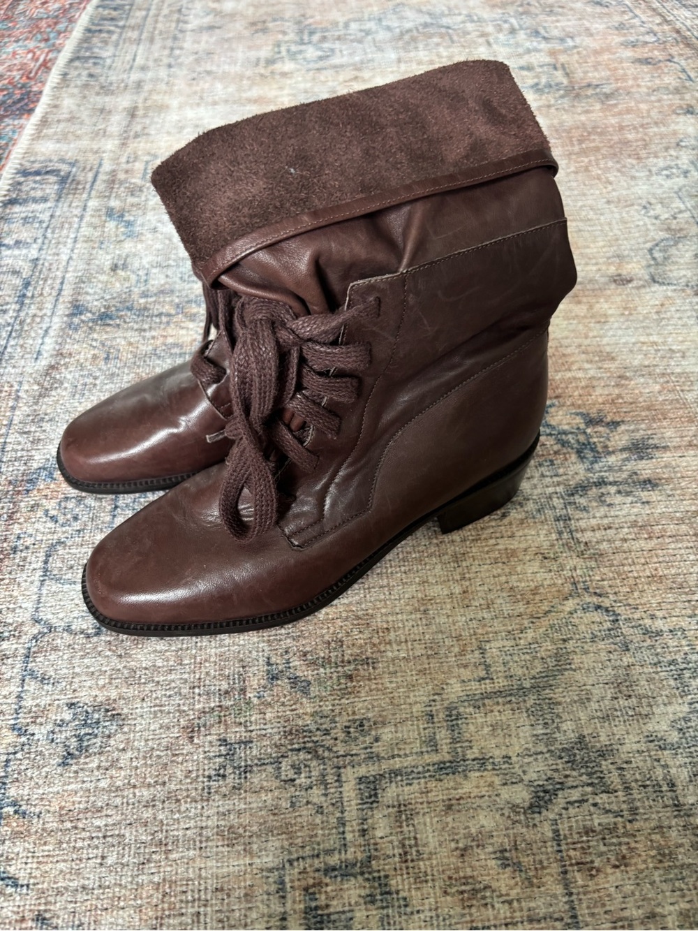 Enzo Angiolini Dark Brown Leather Lace-Up Fold-Over Boots